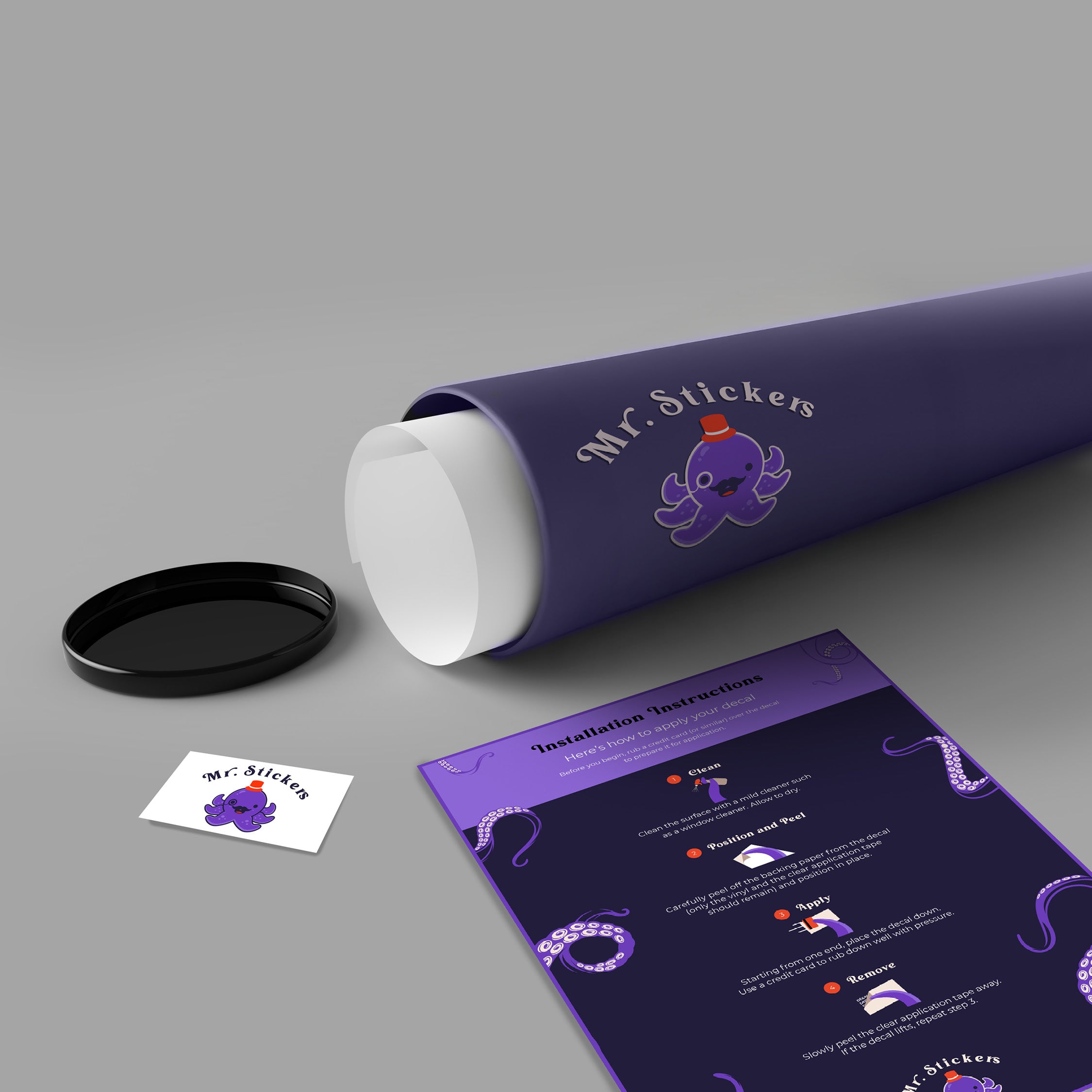 Decal installation instructions, tube and leaflet for Mr Stickers decals and vinyl