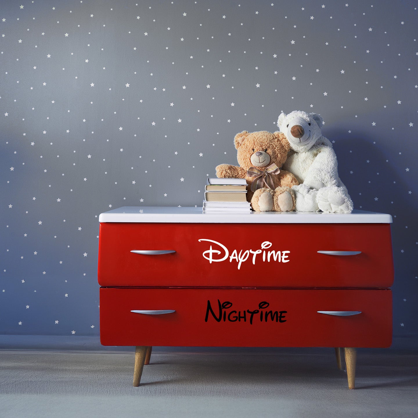 Bedroom shelving with vinyl decal names printed on each drawer