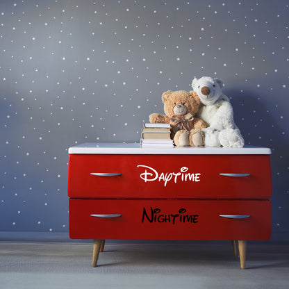 Bedroom shelving with vinyl decal names printed on each drawer