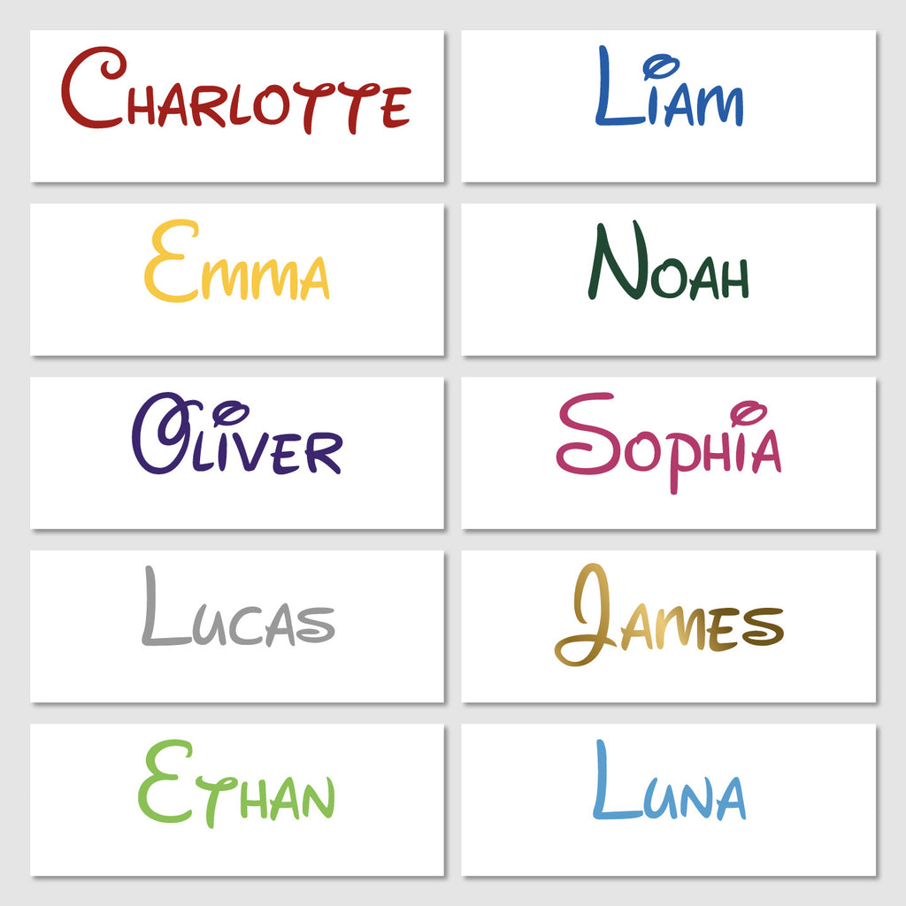 List of childrens name in vinyl decal written in a disney font