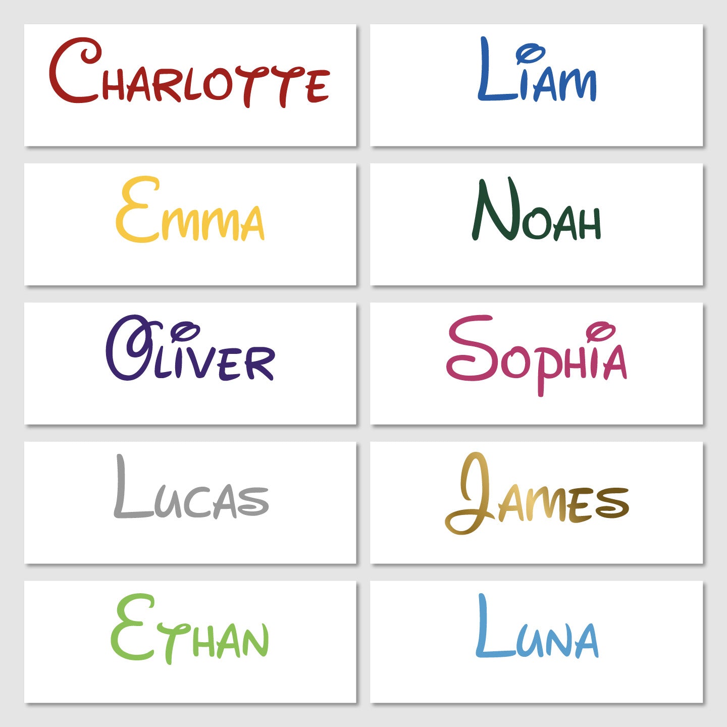 List of childrens name in vinyl decal written in a disney font