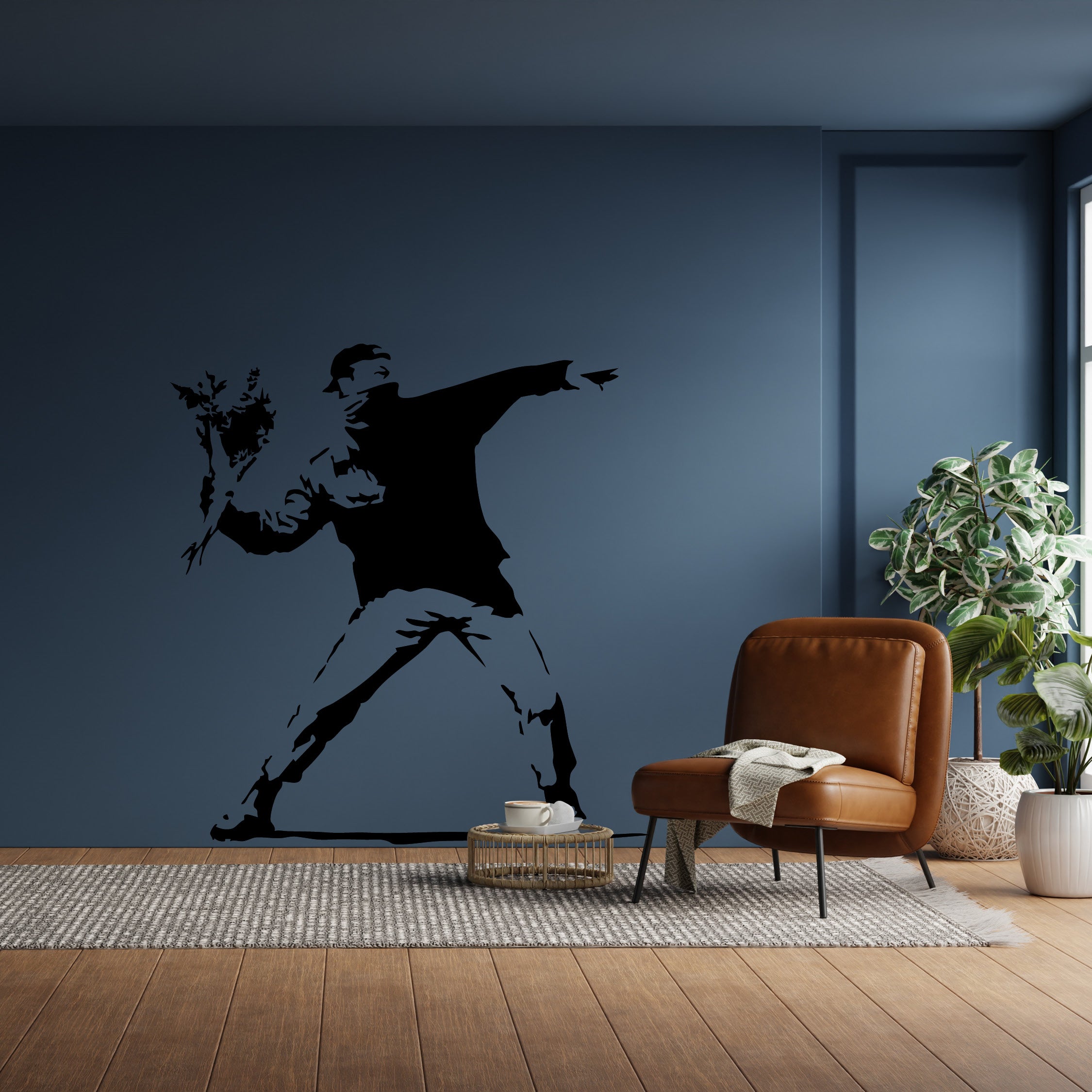 Flower Thrower Wall Decal – Banksy-Inspired Graffiti Vinyl Sticker for Modern Home Décor