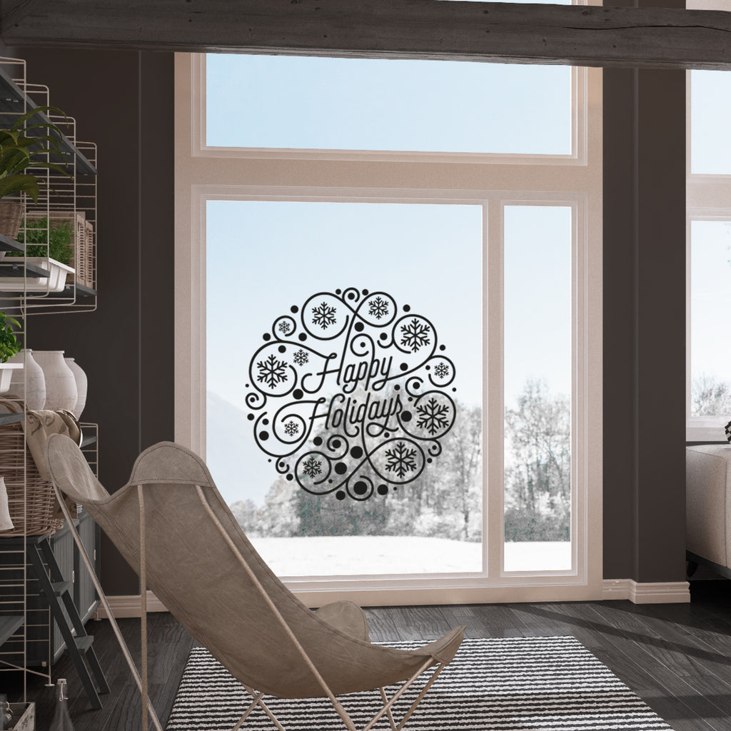 Happy Holidays Geometric Vinyl Decal – Intricate Festive Circle Design, Detailed Holiday Wall & Window Sticker