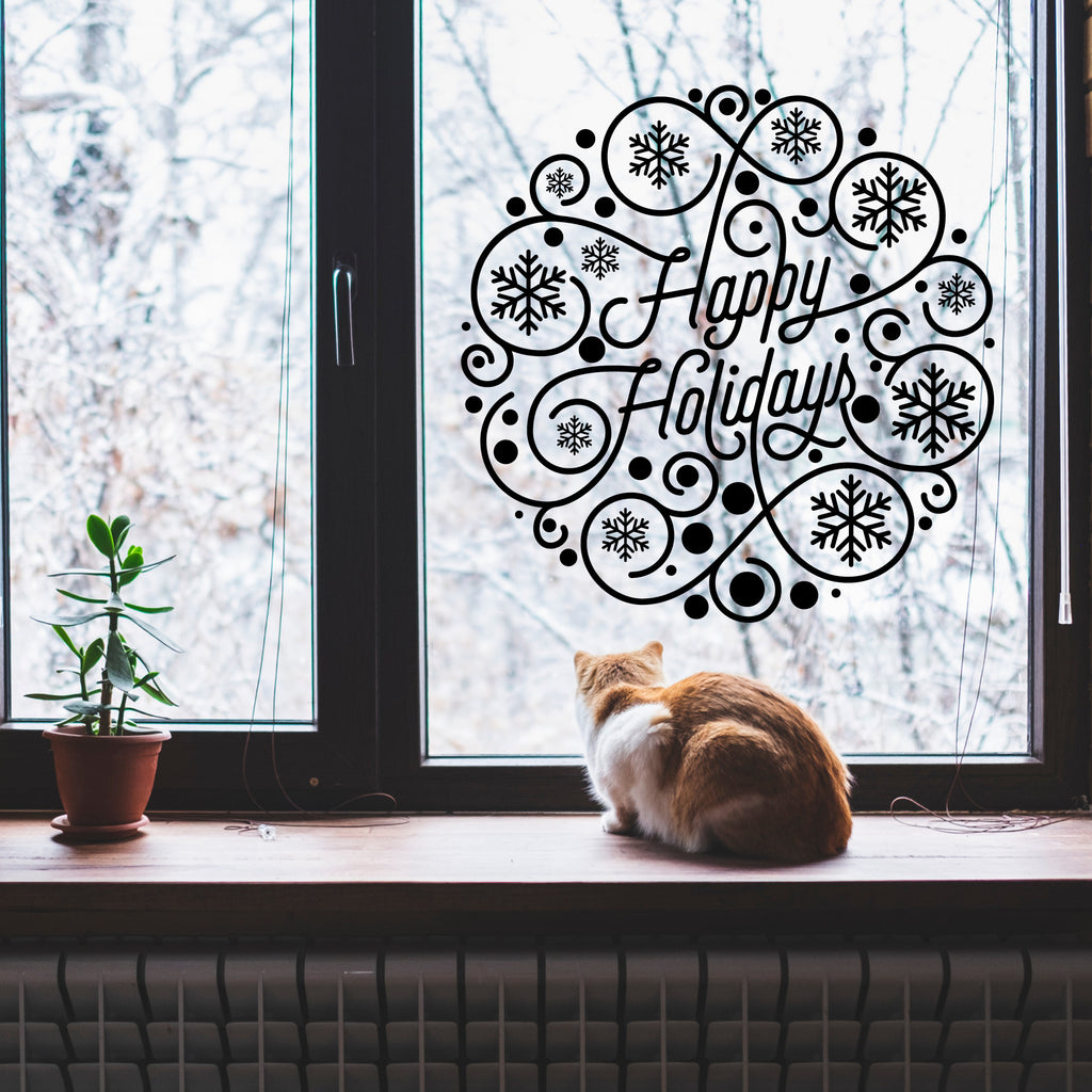Happy Holidays Geometric Vinyl Decal – Intricate Festive Circle Design, Detailed Holiday Wall & Window Sticker
