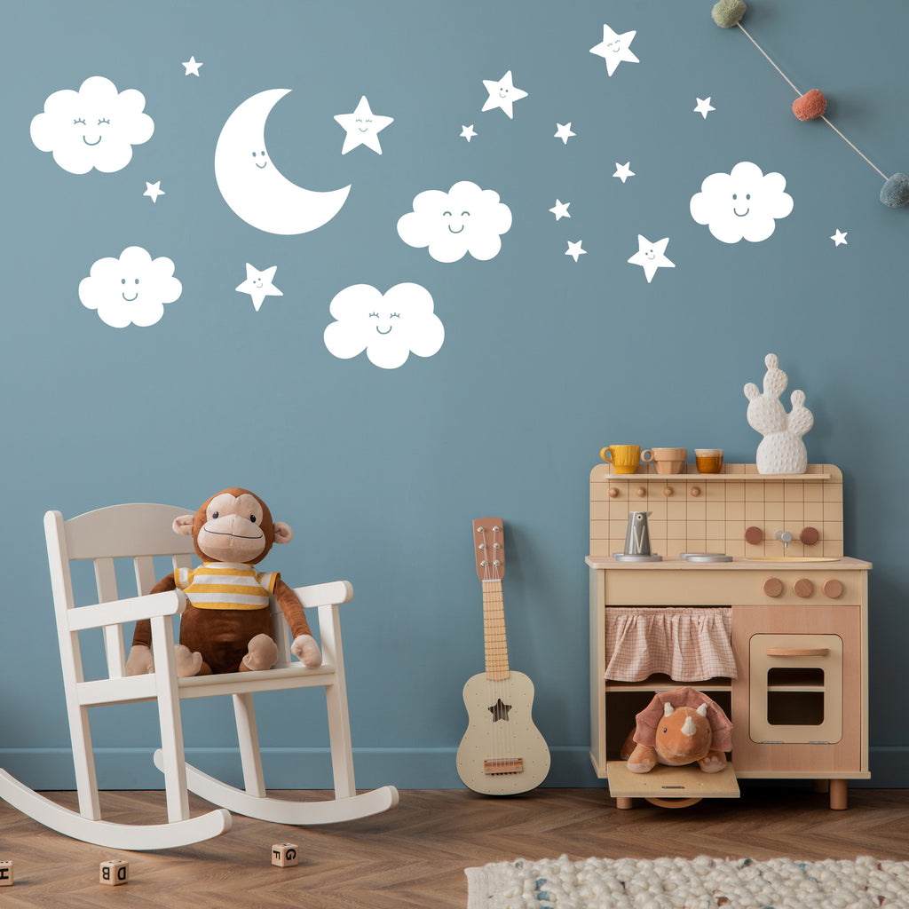 Cloud, Star & Moon Wall Decal Sticker Pack – 35-Piece Vinyl Set for Kids Bedroom, Nursery & Baby Room Decor