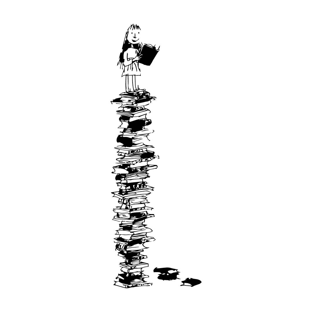 Matilda on a Pile of Books Wall Decal – Official Roald Dahl Quentin Blake Vinyl Sticker