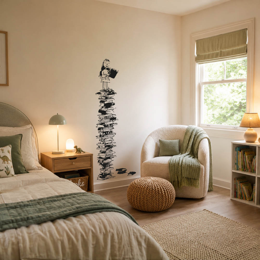 Matilda on a Pile of Books Wall Decal – Official Roald Dahl Quentin Blake Vinyl Sticker