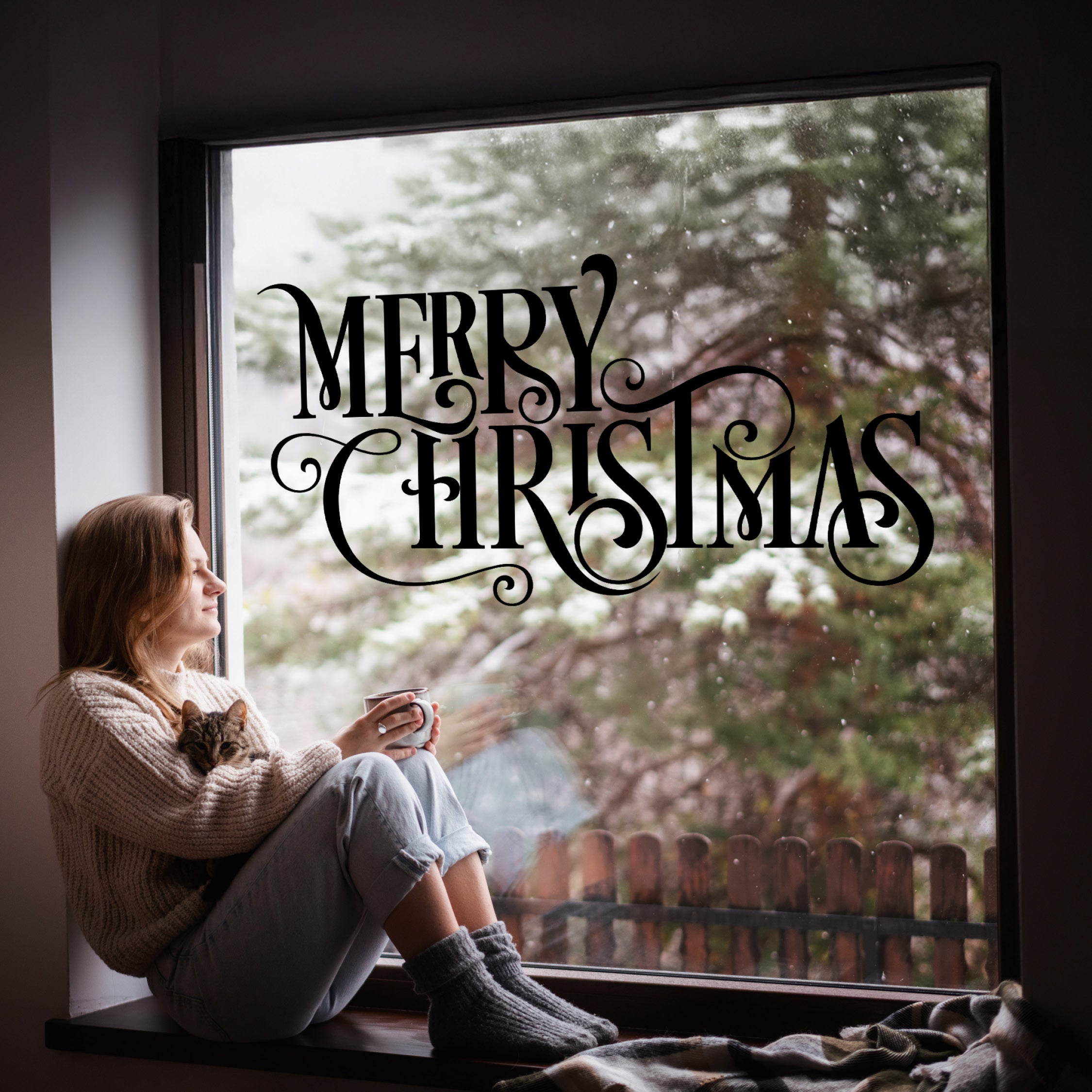 Merry Christmas Vinyl Decal – Ornate Script Holiday Wall Sticker, Festive Home & Window Decoration