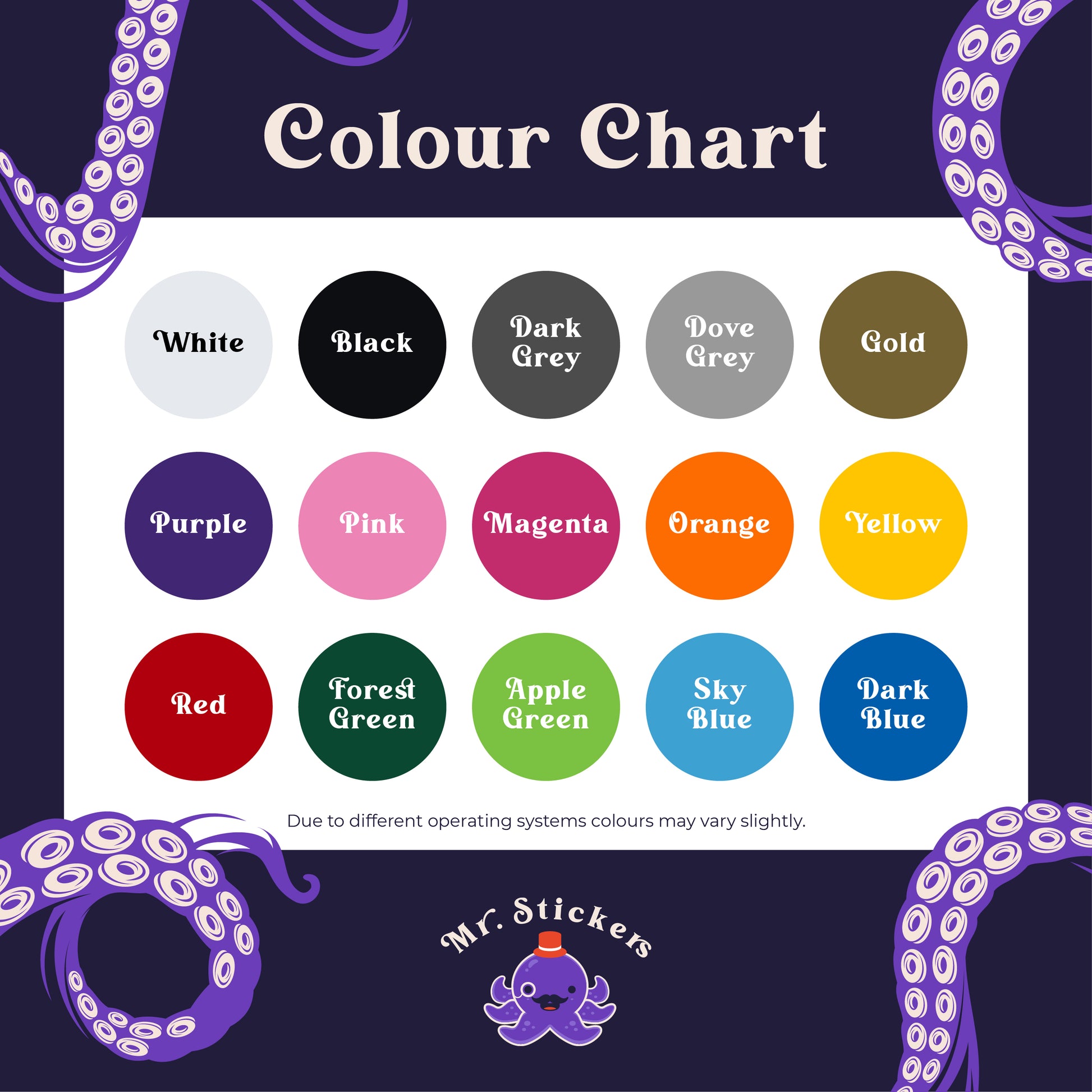 Mr Stickers Vinyl Colour Chart Options