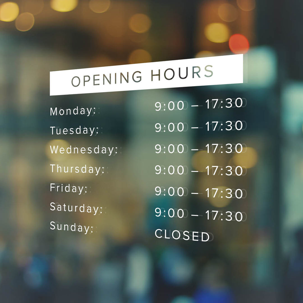 Customisable Shop Window Opening Hours Decal – Business Sign Sticker