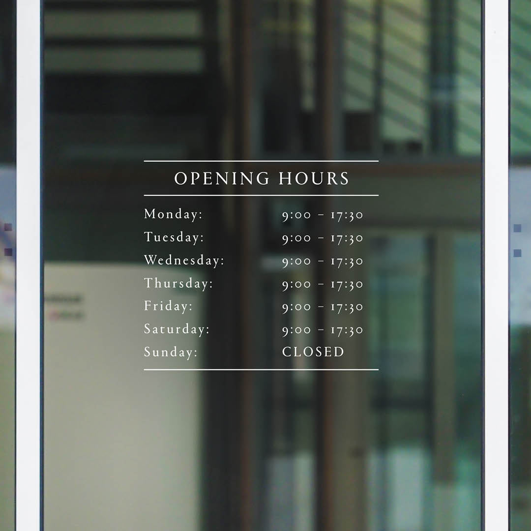 Customisable Shop Window Opening Hours Decal – Business Sign Sticker