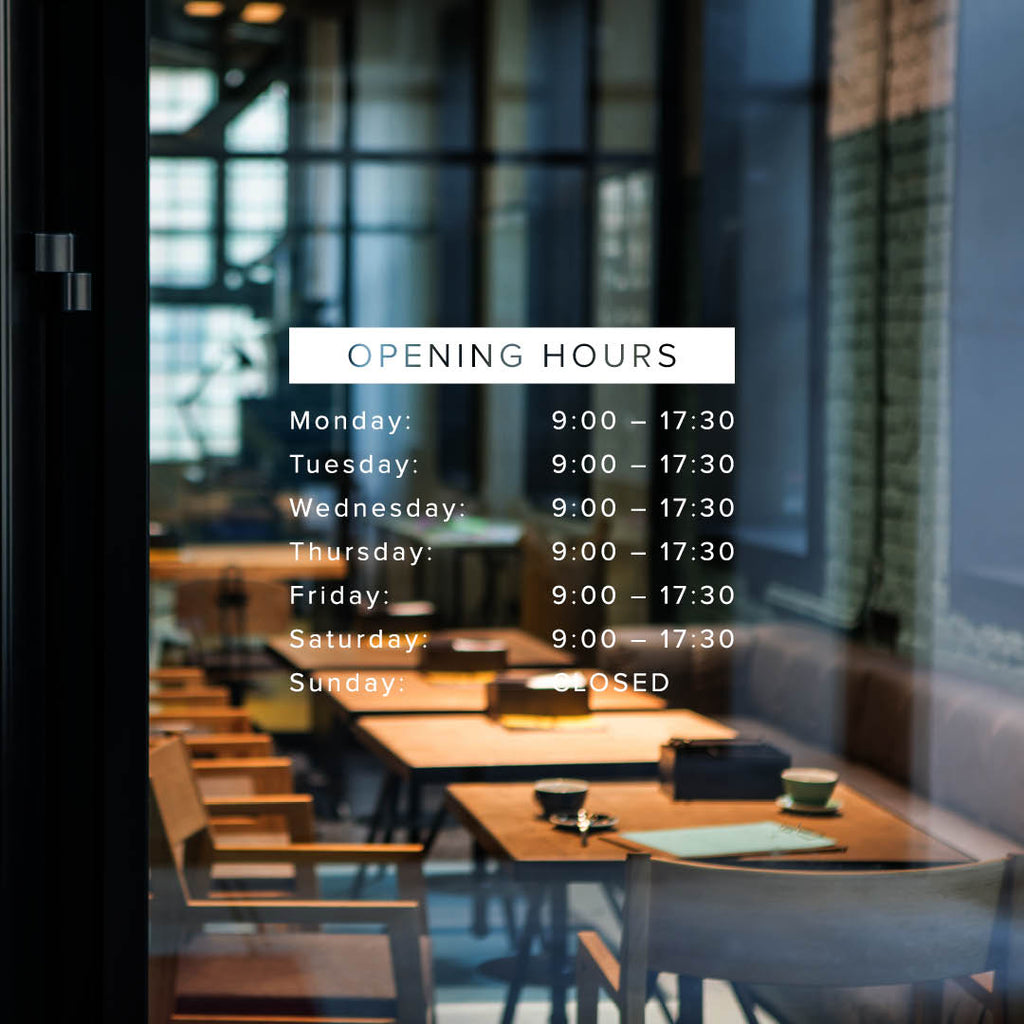Customisable Shop Window Opening Hours Decal – Business Sign Sticker