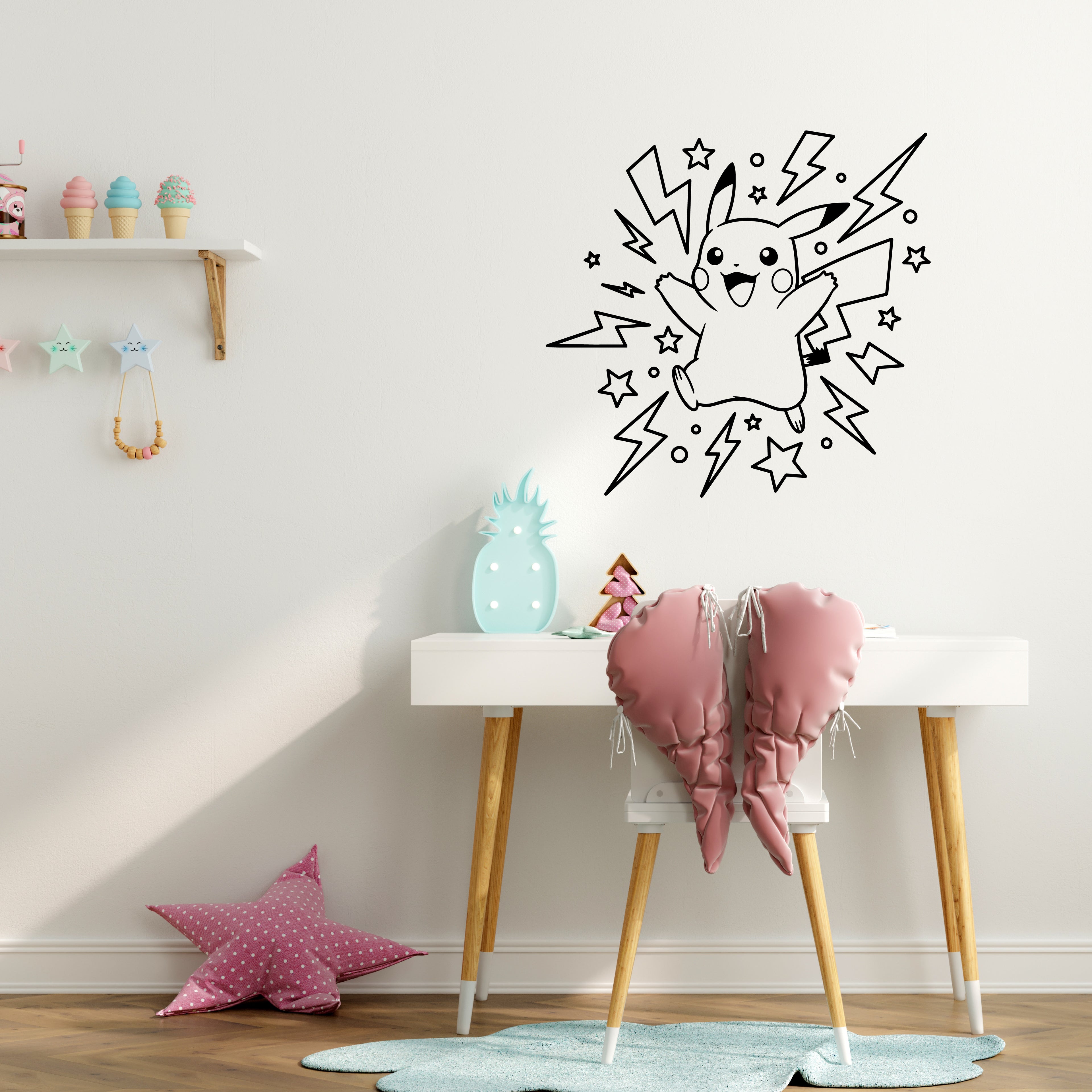 Pikachu Lightning & Stars Vinyl Wall Decal – Pokémon Sticker for Kids’ Bedrooms & Gaming Rooms