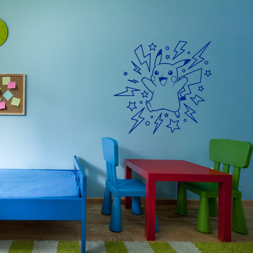 Pikachu Lightning & Stars Vinyl Wall Decal – Pokémon Sticker for Kids’ Bedrooms & Gaming Rooms