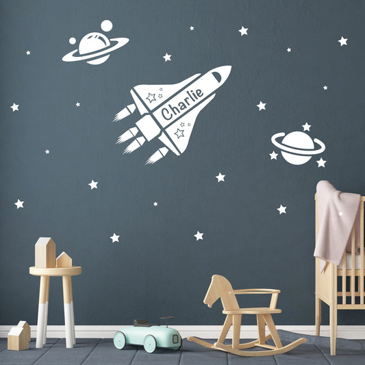 Space Rocket Wall Decal graphic vinyl with name for kids bedroom