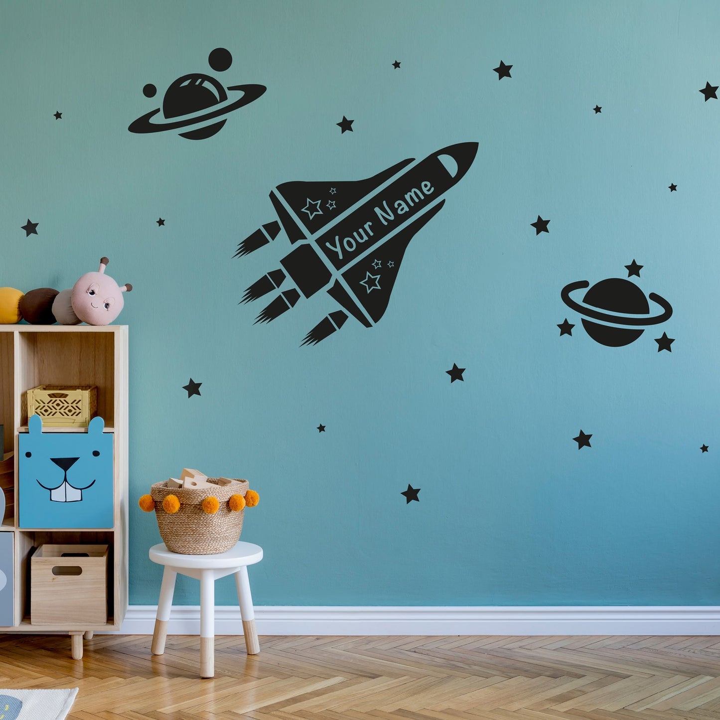 Space Rocket Wall Decal graphic vinyl with name on kids bedroom wall