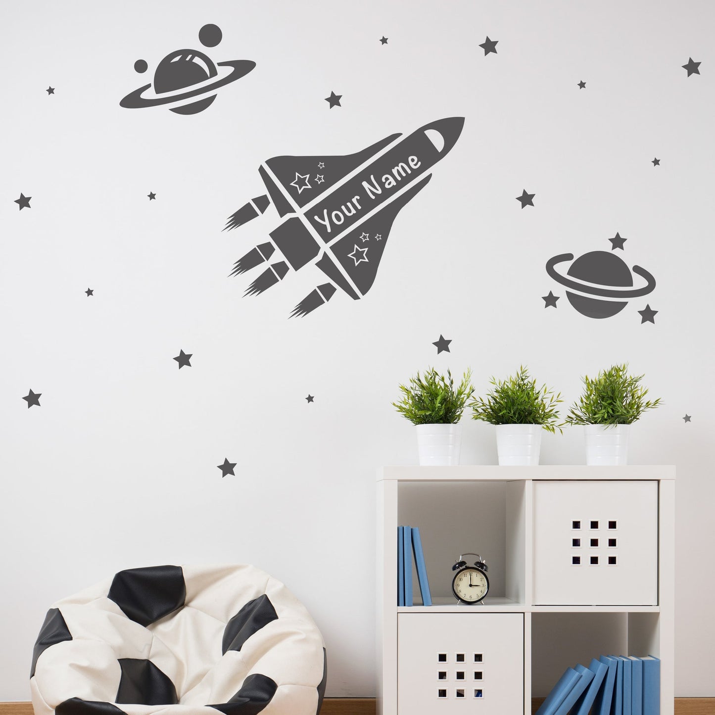 Space Rocket Wall Decal graphic vinyl with name in grey