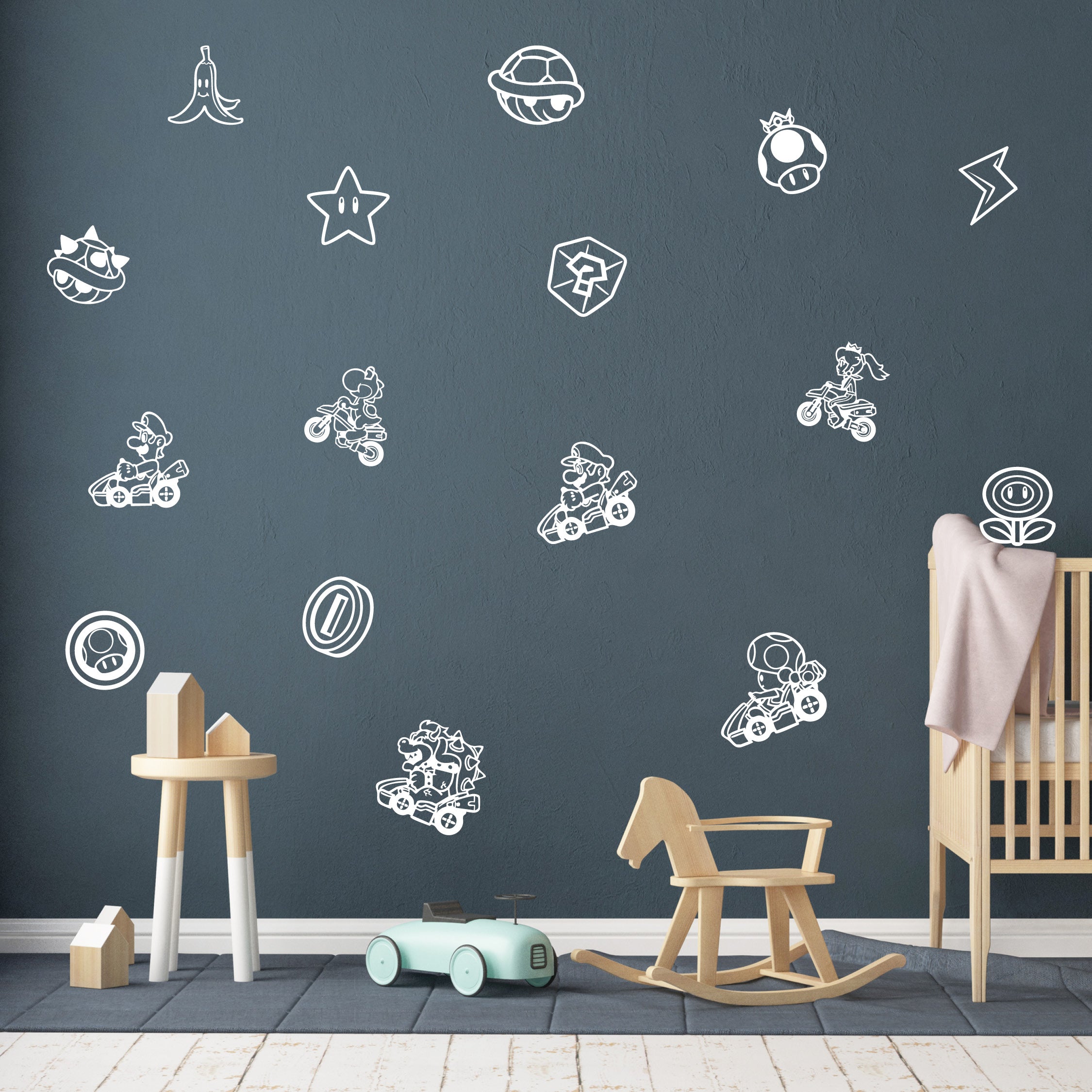 Super Mario Kart Vinyl Decal Pack – 6 Characters & 10 Power-Up Stickers for Walls, Laptops & Gifts